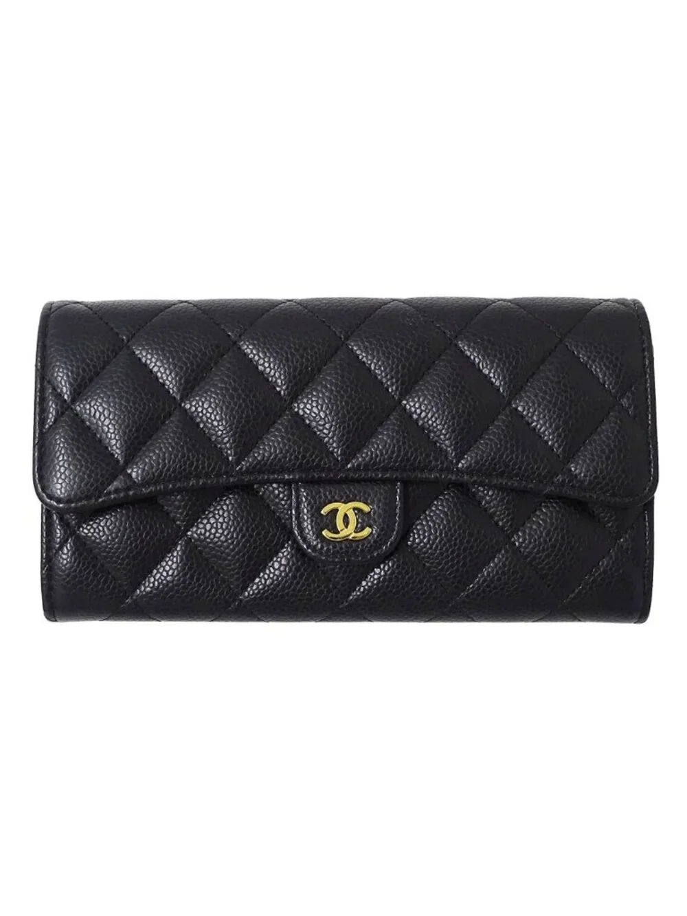 Chanel Wallet Quilted Caviar Leather Black Gold